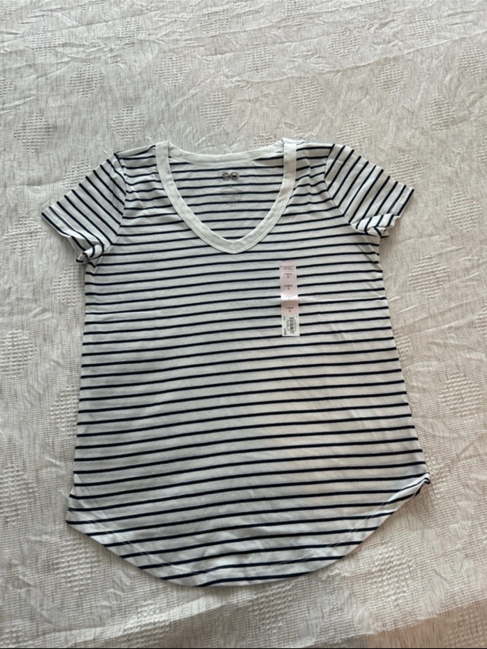 SO White V-Neck Short Sleeve Tee with Black Stripes